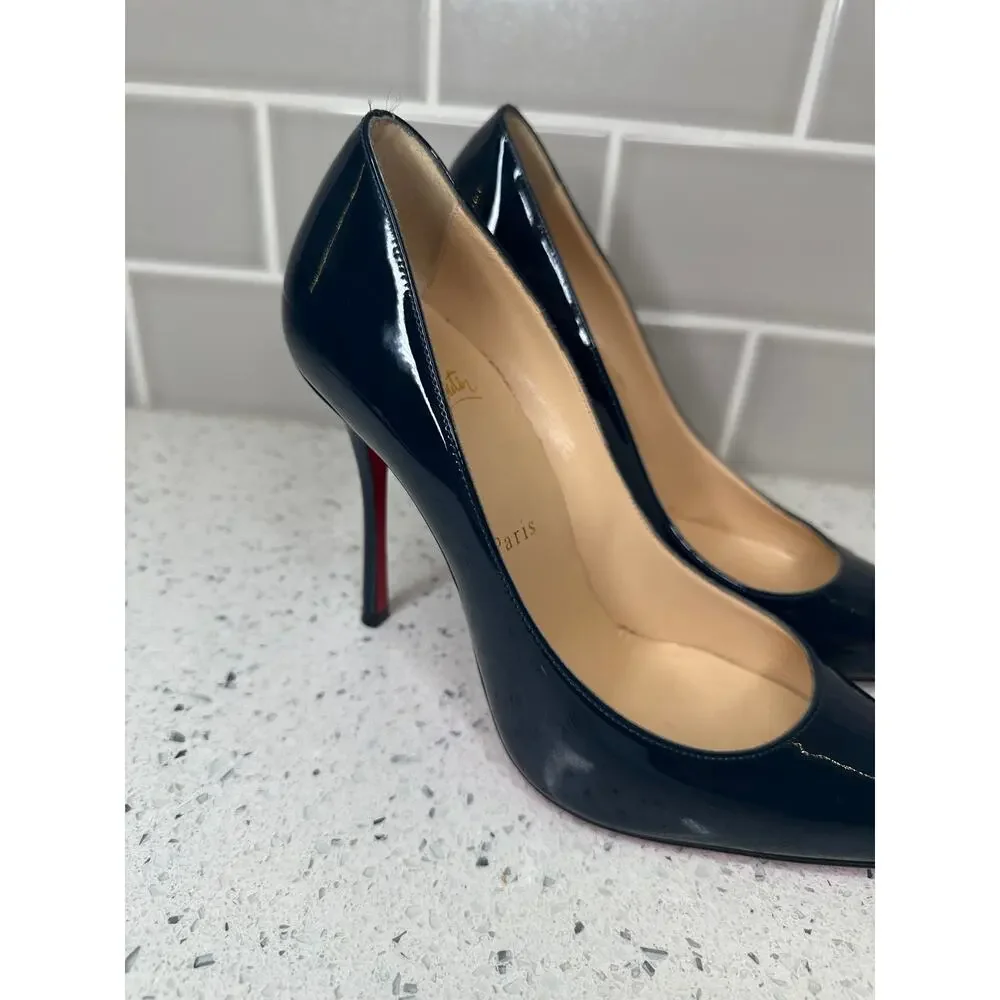Christian Louboutin Navy Patent Leather Pointed-Toe Pumps - Size 38 (So Kate)